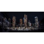 A modern mixed media on canvas, depicting night time cityscape, unsigned, 75 by 152cm.