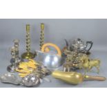 A quantity of silver plate and brass ware to include a brass horse, plated teapot, candlesticks