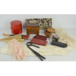 A group of collectible items to include spectacles, lace gloves, paper fans, jewellery box and other