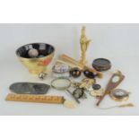 A group of vintage costume jewellery, Sorrento ware retractable fan with mirror, wooden ruler and