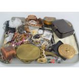 A quantity of vintage jewellery to include necklaces, earrings, brooches, La Rage powder compact,