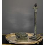 A large silver plate antique oval tray together with a table lamp in the form of a corinthian column