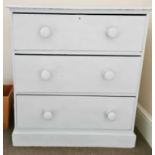 A pine painted Victorian three drawer chest, 77cms wide x 41cms deep x 84cms tall