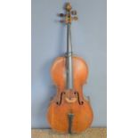 A late 19th century Cello, two piece back and carved scroll head stock