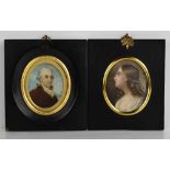 Two Victorian miniature oval portraits, one of a young lady with ringlets, painted on ivory, and the