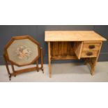 A small antique oak desk, with slide and two drawers 72 by 91 by 43cm, together with a folding table