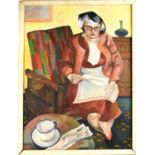A mid century oil on canvas, indistinctly signed, depicting a woman seated beside a coffee table, 59