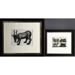 Two etchings depicting animals / mythical beasts, unsigned, one 12 by 16cm, the other 16 by 21cm.
