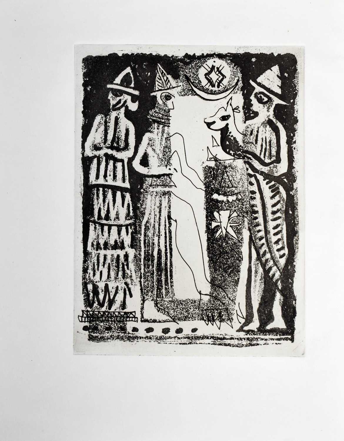 John Piper (1903-1992): Three Wise Men, one of them holding a lamb with star overhead, aquatint,