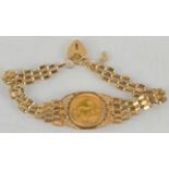 A 9ct gold bracelet set with a 1980 1/10th Krugerrand coin, 11.46g