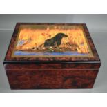 A cedarwood 20th century hand made cigar humidor, with simulated burrwood exterior and photograph of