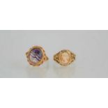 A 9ct gold ring set with an oval cabochon of Blue John, size L, 3.71g and another 9ct gold ring