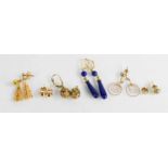 Six pairs of 9ct gold earrings, to include diamond set rose form studs, malachite drop earrings, and