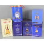 Six Bells old Scotch whiskey decanters with contents, Christmas and commemorative editions