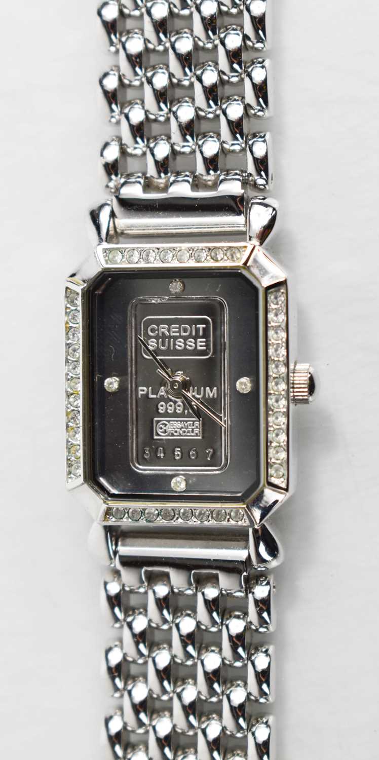 A ladies wristwatch, inset with a 999.5 Credit Suisse 1 Gram Fine Platinum Ingot, and having a chain - Bild 2 aus 2