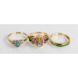 Two 9ct gold rings set with coloured gemstones, together with a 14ct gold ring set with