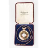 A gold half hunter pocket watch by J W Benson, with 9ct rose gold link watch chain, in the