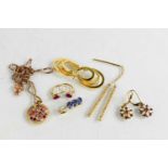 Four pairs of 9ct gold earrings, of various design, together with a 9ct gold, topaz and diamond