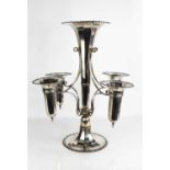 A silver plated epergne, composed of a central fluted vase, emanating four branches containing