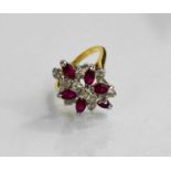 A 9ct gold, diamond and pink ruby cluster ring, size N/O, 4.5g.