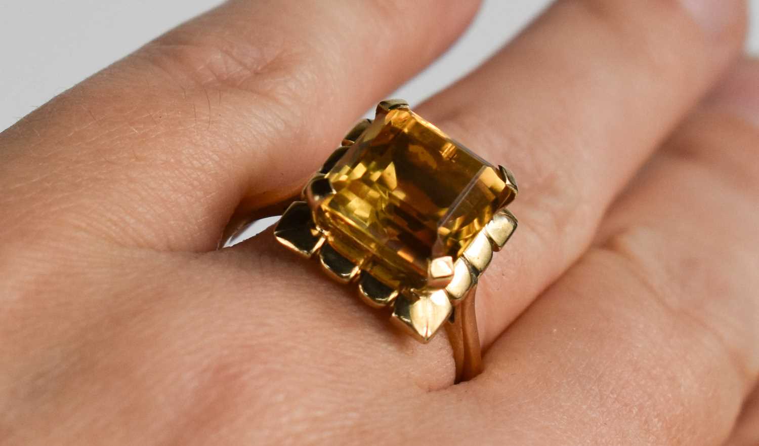 A 9ct gold and emerald cut citrine dress ring, size R, stone of strong slightly bronze colour 9.1 by - Bild 2 aus 4