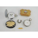 A silver pocket watch together with a later Smiths chrome pocket watch, novelty French gilt metal