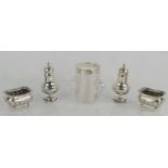 A group of silver to include salt and pepper pots, salts and a three handled silver rim mug, 3.68