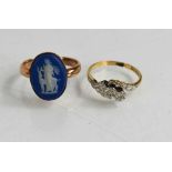 A 9ct gold ring with Jasperware oval depicting female figure and stag, together with a 9ct gold,