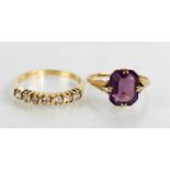 An antique 9ct gold and amethyst ring, size M, together with a 9ct gold and diamond ring, the