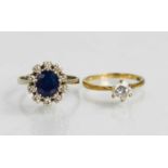 A 14ct gold, sapphire and diamond ring, the sapphire approximately 1ct, size O/P, together with a