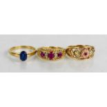 A 9ct gold, diamond and pink sapphire ring, a 9ct gold and synthetic sapphire ring and a 9ct