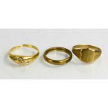 An 18ct gold and diamond ring, A/F, a 9ct gold signet ring, and a metal band, 6.43g.