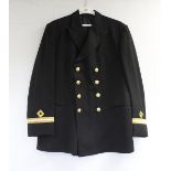 British Royal Navy dress uniform jacket having S M Bass of Hull label, RFA brass naval buttons and