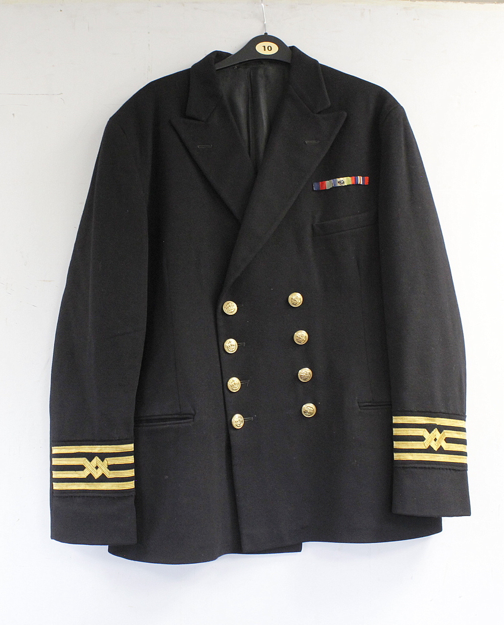 British Royal Navy dress uniform jacket having Sabre of London label, brass naval buttons by Stephen