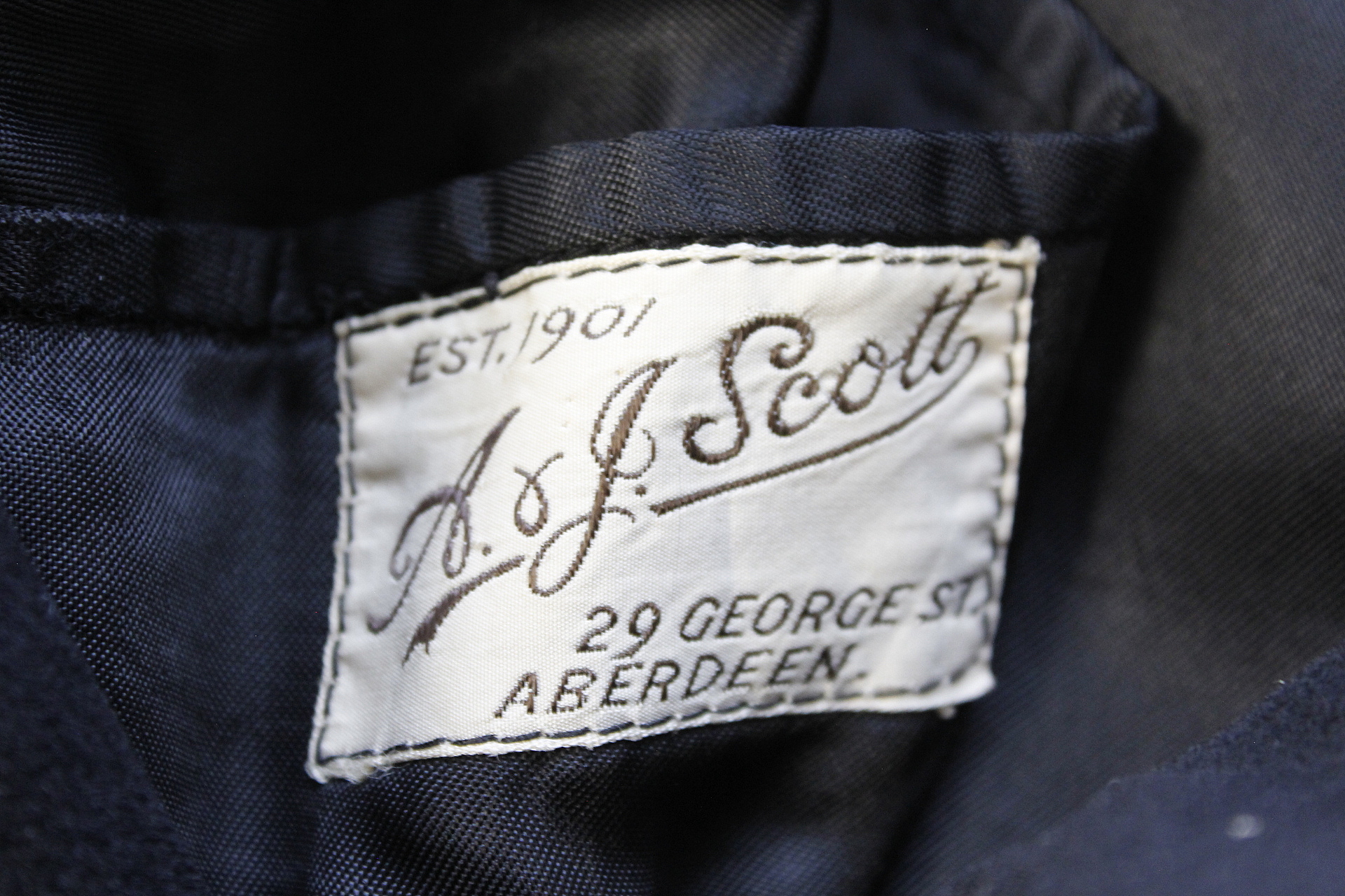 British Royal Navy dress uniform jacket having A & J Scott of Aberdeen interior label, brass naval - Image 4 of 4