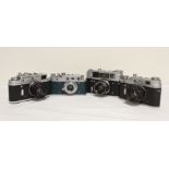 Four vintage Russian film cameras to include Zorki 4K with a Helios Jupiter 50mm F2 lens and a Fed 3