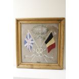 WW1 framed embroidery depicting the alliance of Britain and Belgium. The Union Jack is crossed