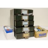 Storage shelves & two other boxes of model railway parts to include electrical components and