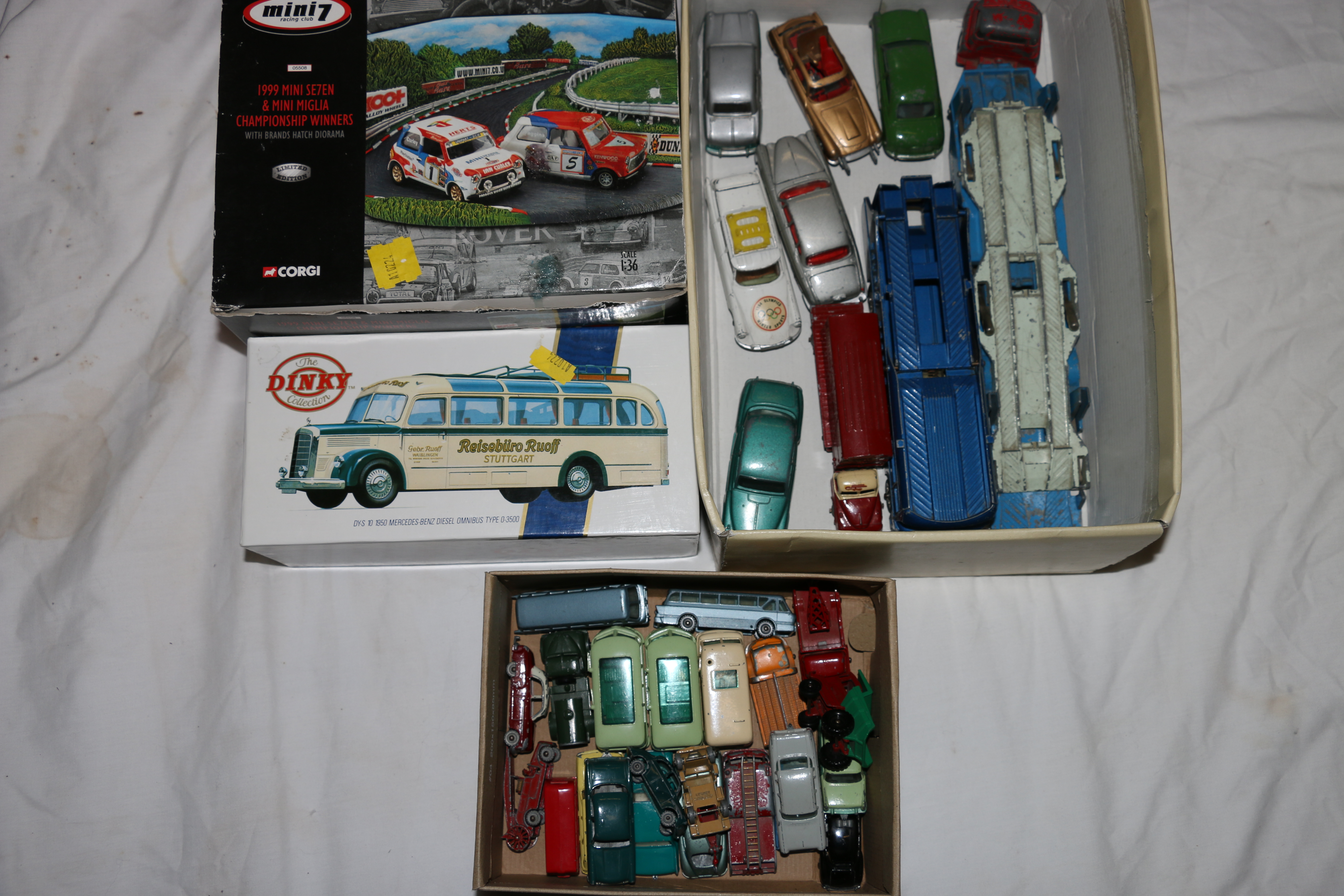 Corgi Toys diecast model vehicles including Ecurie Ecosse Racing Car Transporter, Carrimore Car