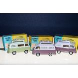 Three Corgi Toys diecast model vehicles 420 Ford Thames Airbourne Caravans, two with lilac tops