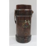 Antique leather fire bucket with British coat of arms and motto DIEU ET MON DROIT stamped to