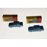 Two Dinky Toys diecast model vehicles 139 Ford Consul Cortina cars with slightly different blue
