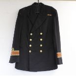 British Royal Navy dress uniform jacket having A & J Scott of Aberdeen interior label, brass naval