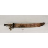 Antique Chinese Falchion type sword in cloth bound wooden scabbed. Inscription to blade, iron