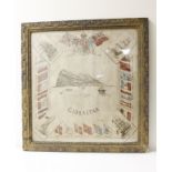 Late Victorian framed printed silk of Gibraltar depicting sailing ships and flags of various