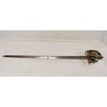 Antique Scottish basket hilt sword, the blade measuring 81cm. Pierced brass constructed basket