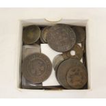 Box of world coins to include New Brunswick (Canada) 1843 penny token, two 1812 penny tokens and