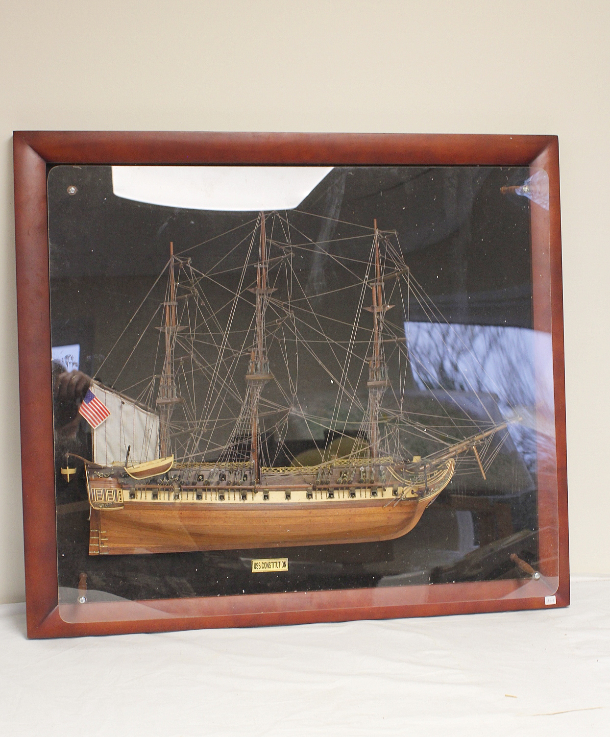 Large framed model of the ship USS Constitution.