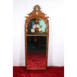 Victorian mahogany French style trumeau pier mirror the fret cut top decorated with helmet and plume
