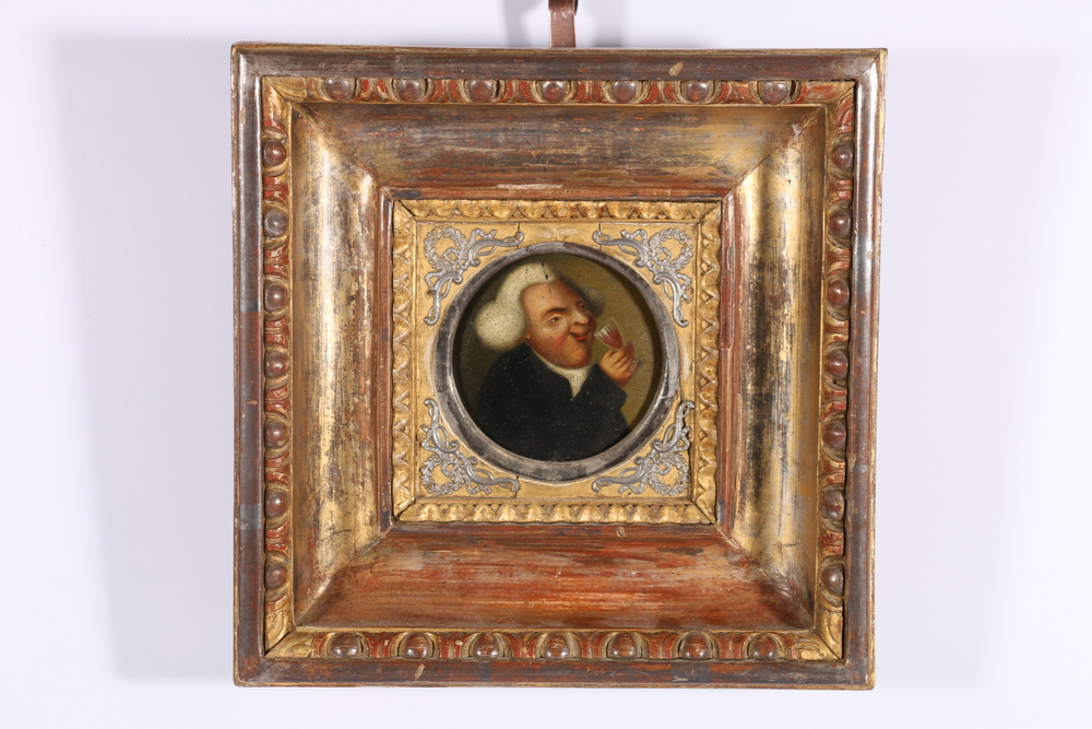19th CENTURY SCHOOL, Miniature portrait of a gentleman drinking a glass of red wine, Unsigned oil on